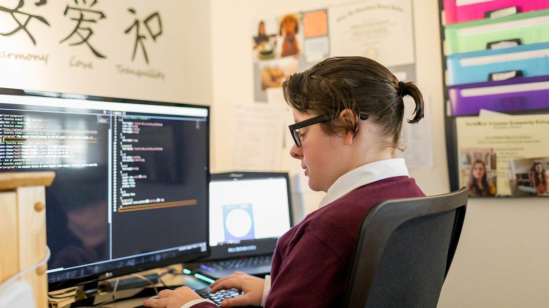 A person writes code at the computer station in their home office.